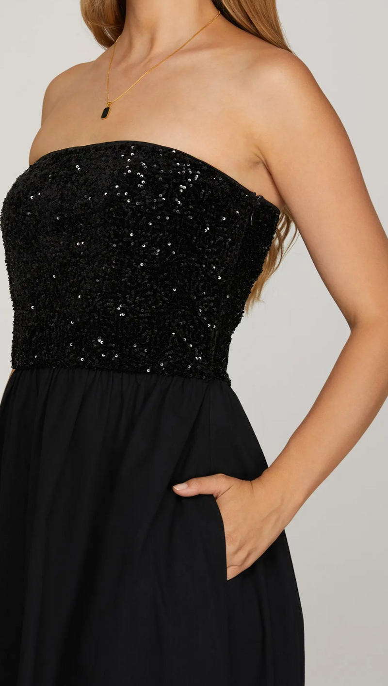 Strapless Sequin Top Tube Maxi Dress with Pockets