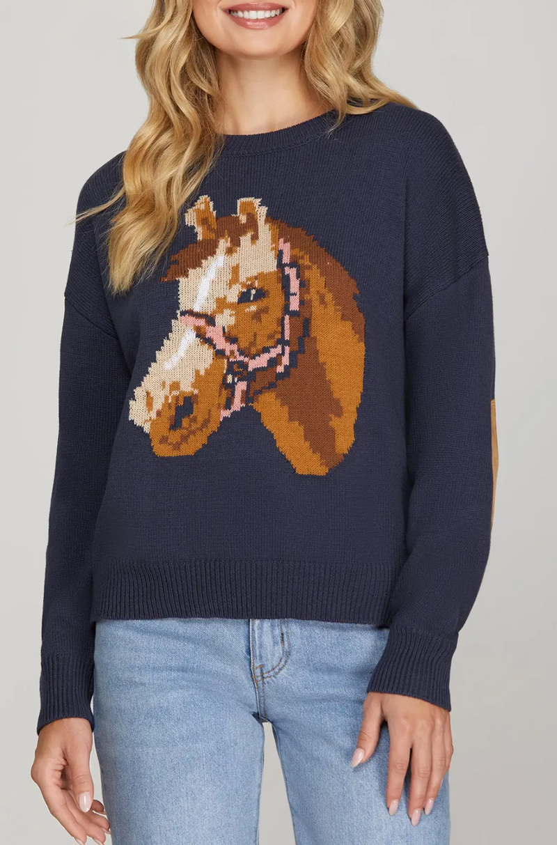 Long Sleeve Horse Pattern Sweater Top with Elbow Patch