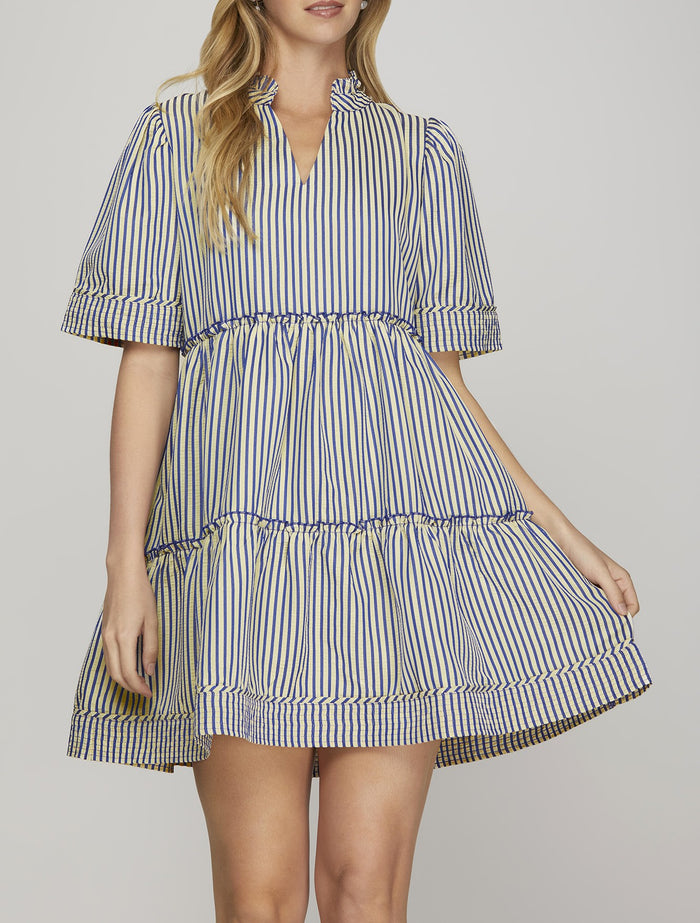 Blue Stripe Short Sleeve V-Neck Mini Dress