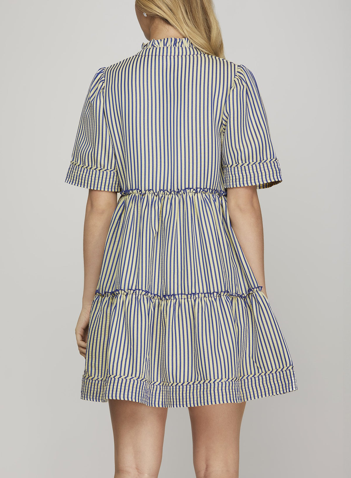 Blue Stripe Short Sleeve V-Neck Mini Dress