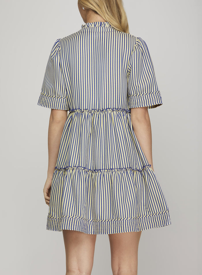 Blue Stripe Short Sleeve V-Neck Mini Dress