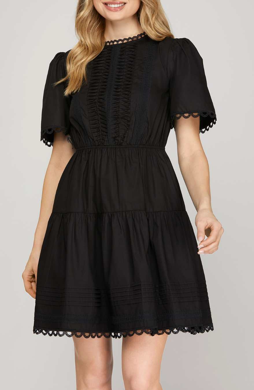 Short Sleeve Woven Tiered Mini Dress With Pintuck Lace Detail and Pockets