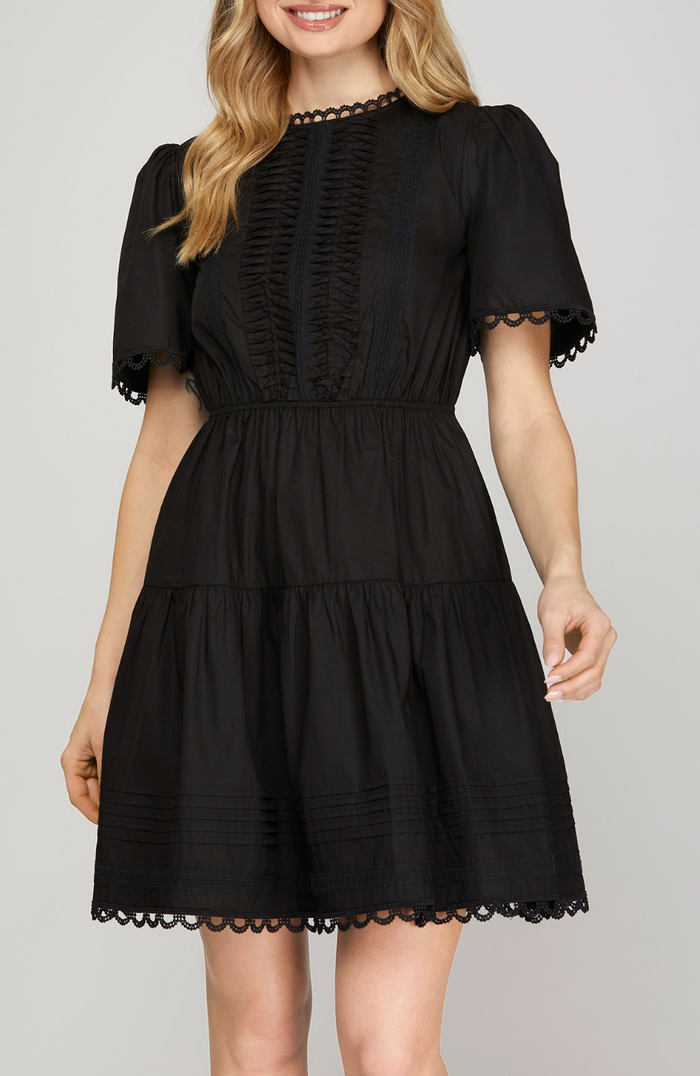 Short Sleeve Woven Tiered Mini Dress With Pintuck Lace Detail and Pockets