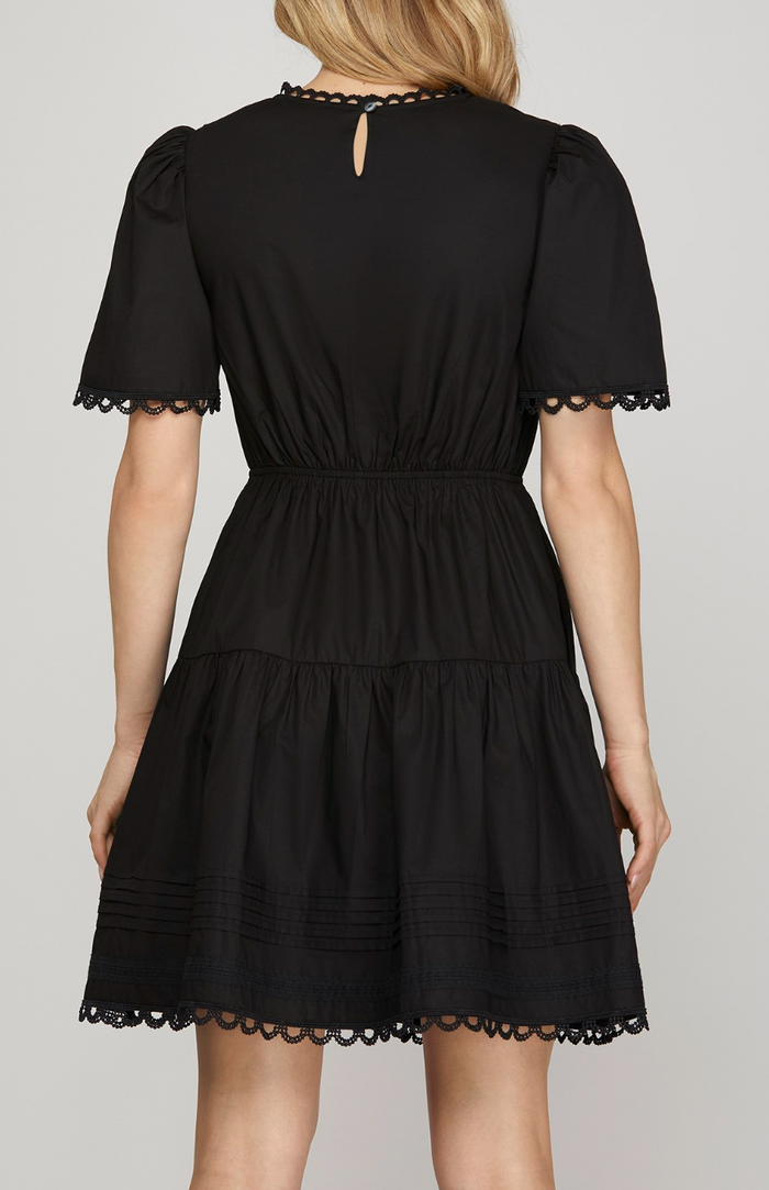 Short Sleeve Woven Tiered Mini Dress With Pintuck Lace Detail and Pockets