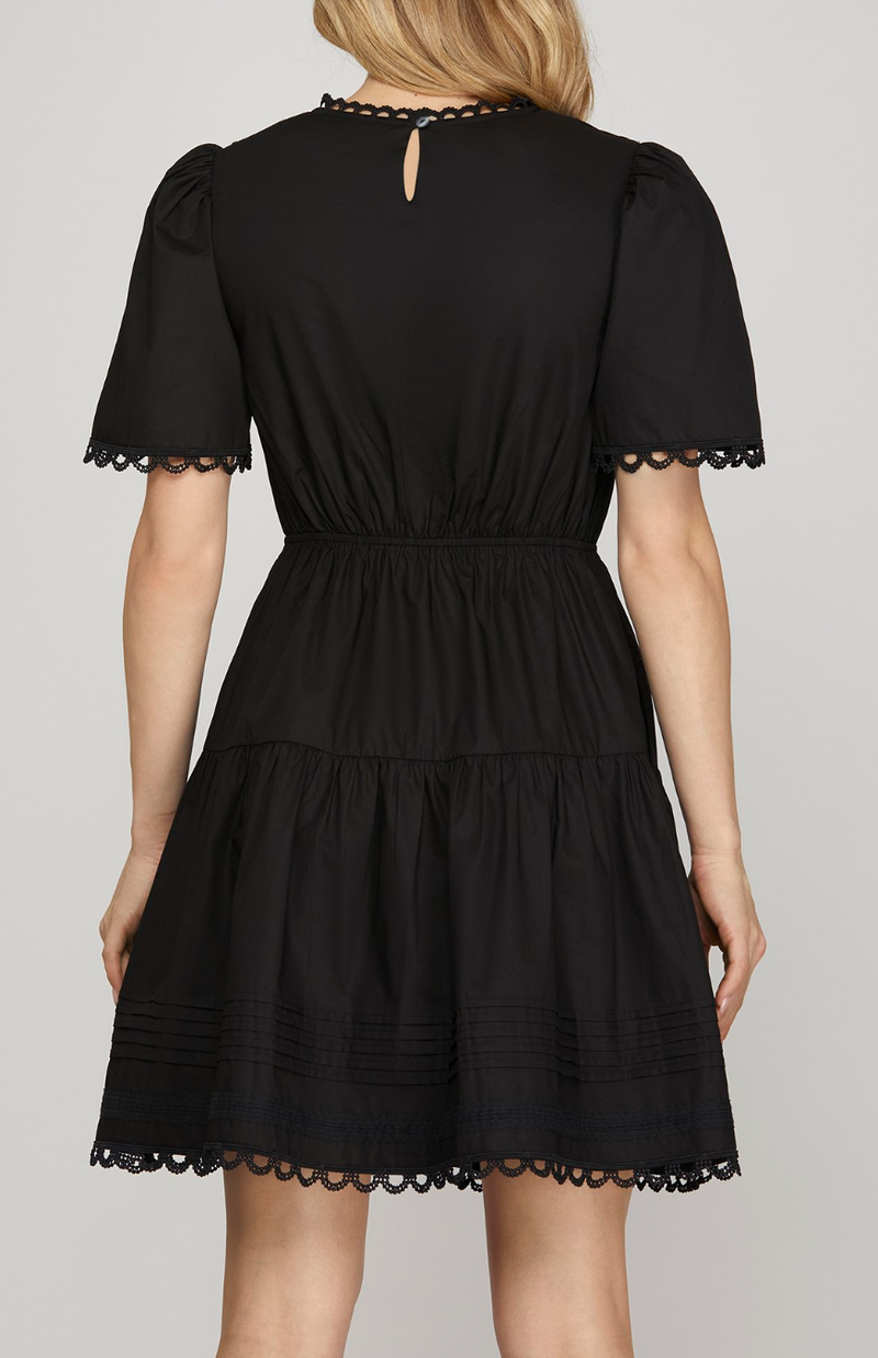 Short Sleeve Woven Tiered Mini Dress With Pintuck Lace Detail and Pockets