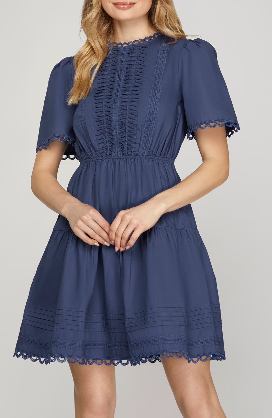 Short Sleeve Woven Tiered Mini Dress With Pintuck Lace Detail and Pockets