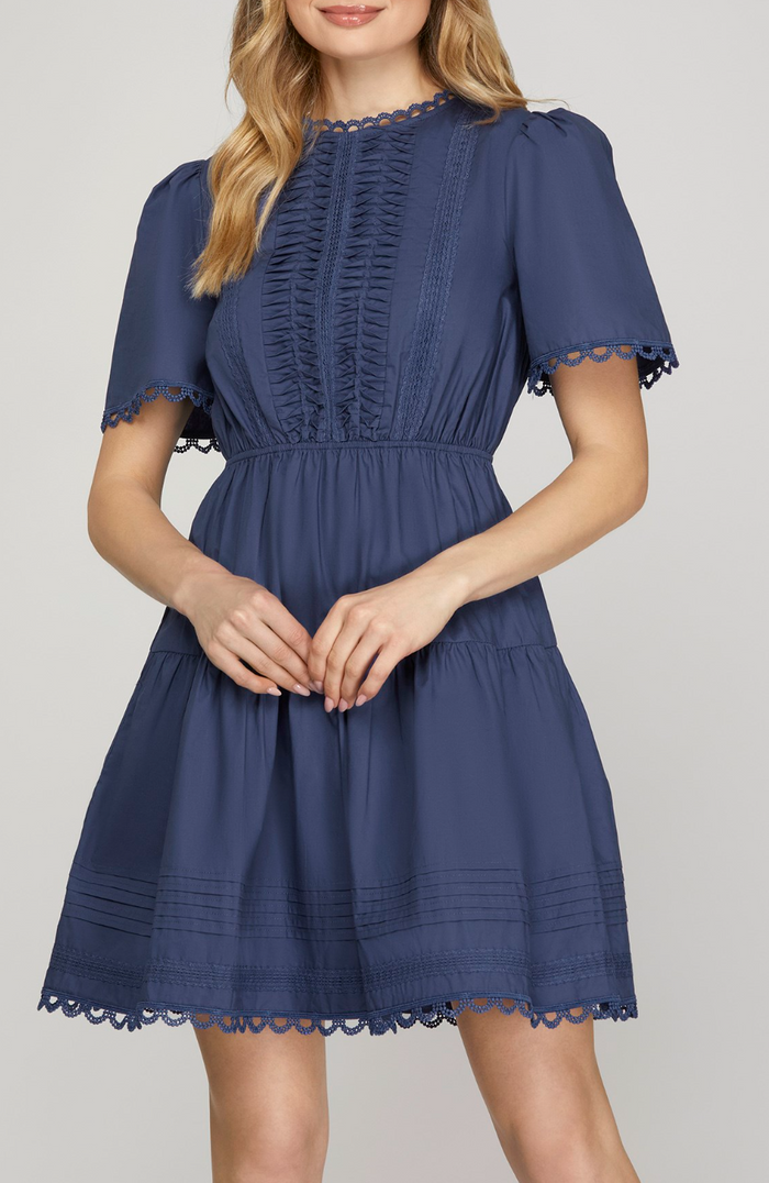 Short Sleeve Woven Tiered Mini Dress With Pintuck Lace Detail and Pockets