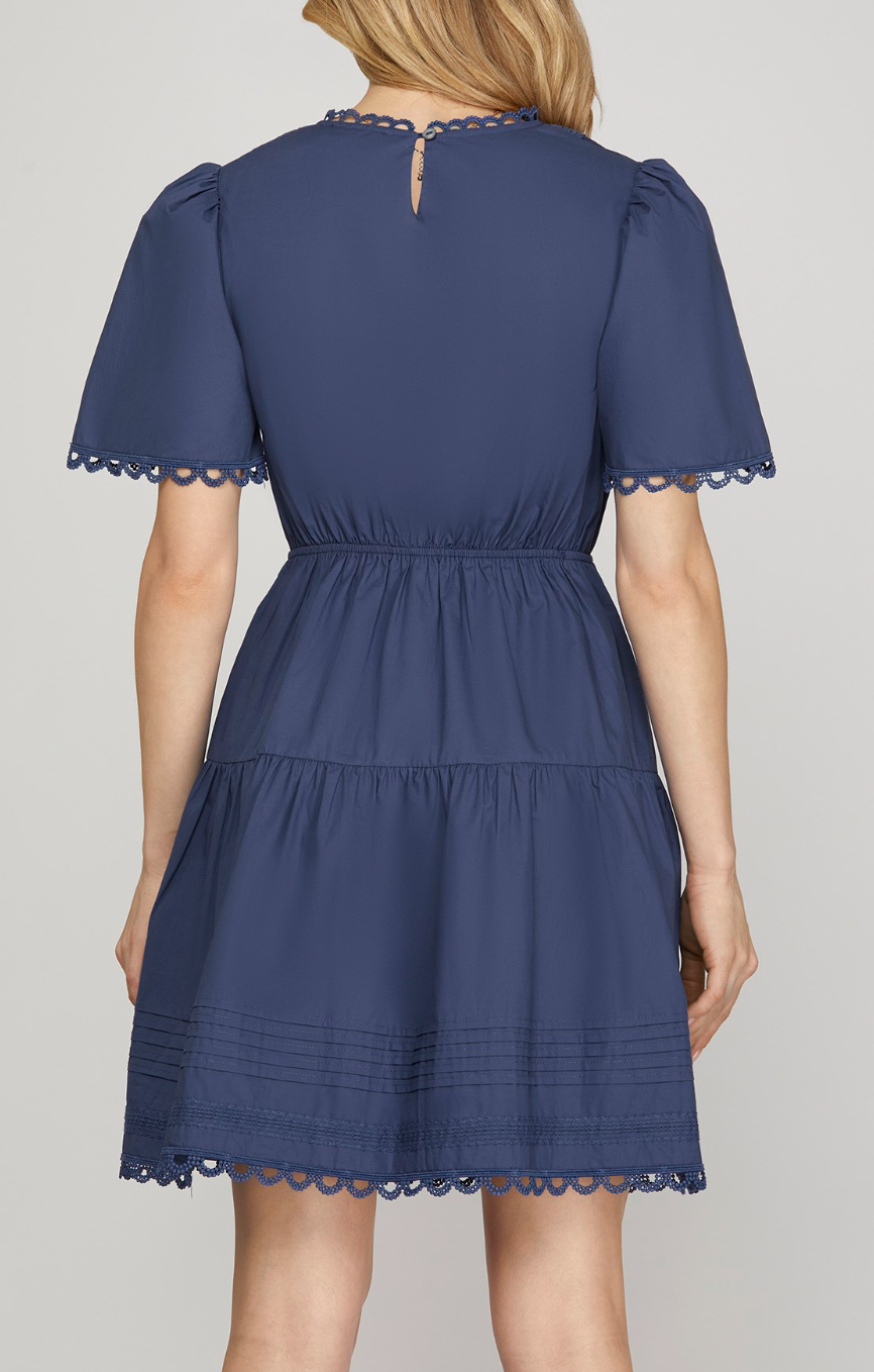 Short Sleeve Woven Tiered Mini Dress With Pintuck Lace Detail and Pockets