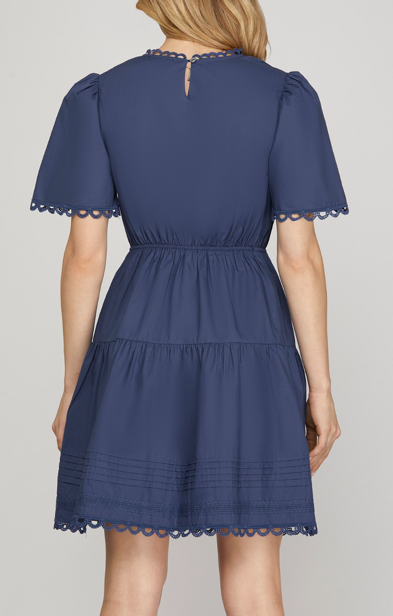 Short Sleeve Woven Tiered Mini Dress With Pintuck Lace Detail and Pockets