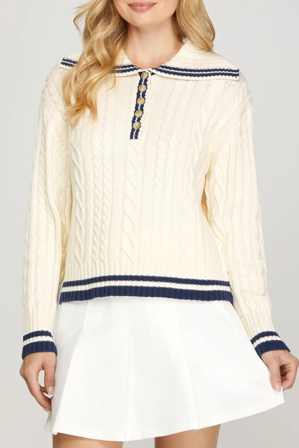 Long sleeve Sailor Collar Cable Sweater with Contrast Rib