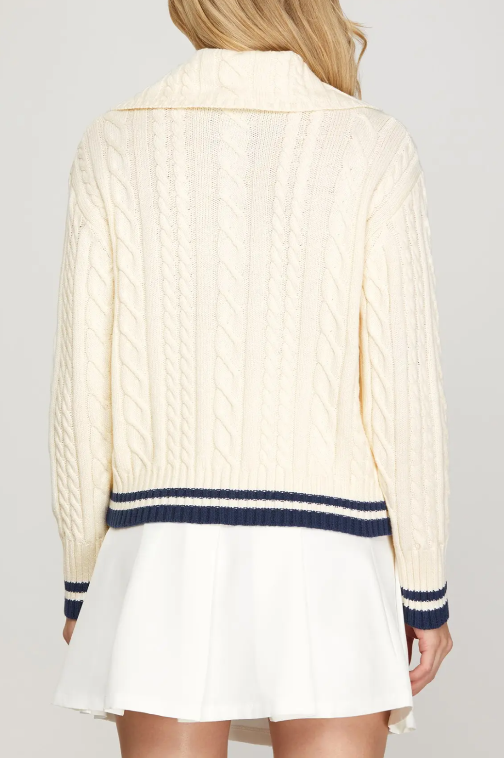 Long sleeve Sailor Collar Cable Sweater with Contrast Rib