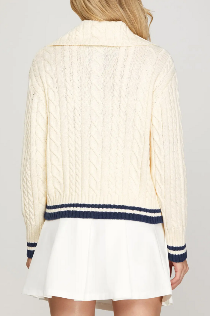 Long sleeve Sailor Collar Cable Sweater with Contrast Rib