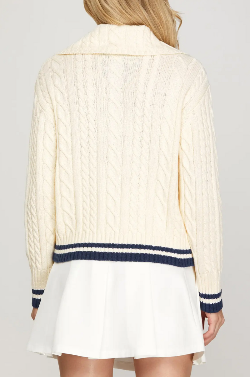 Long sleeve Sailor Collar Cable Sweater with Contrast Rib