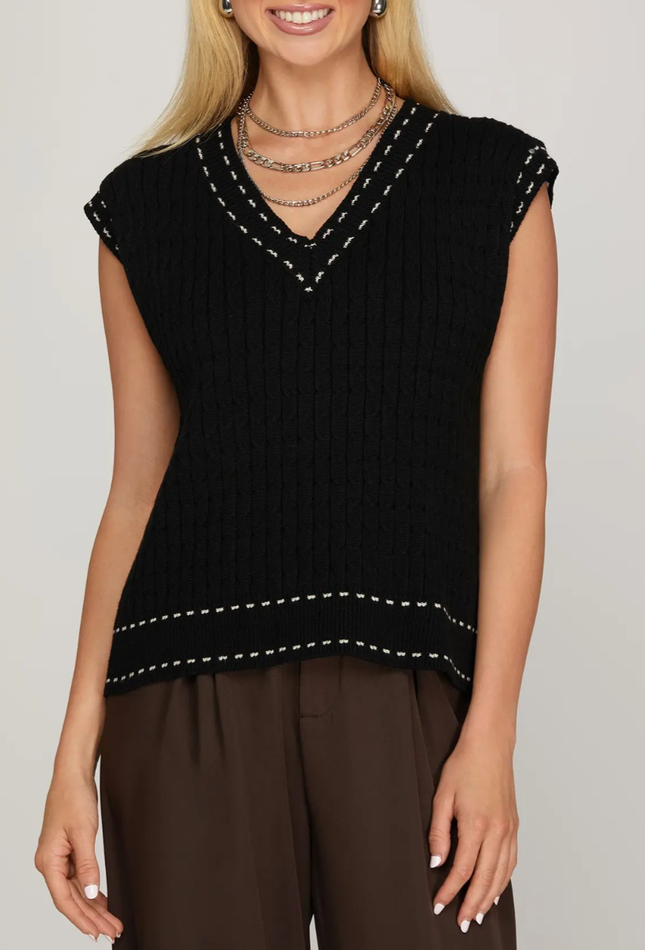 V Neck Stitching Contrast Detail Knit Sweater Vest