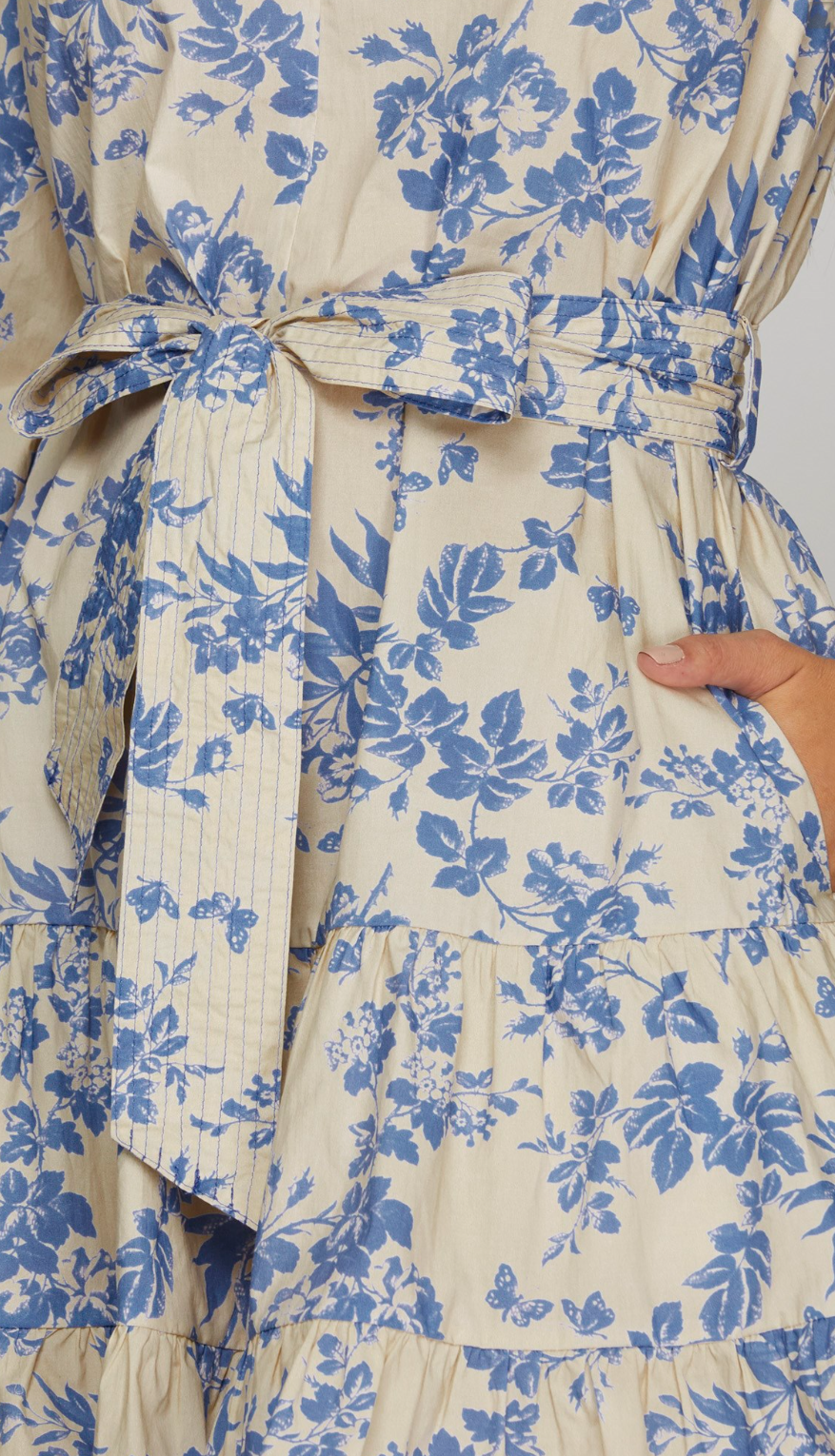 3/4 Sleeve Woven Floral Print V Neck Dress with Waist Tie and Pockets
