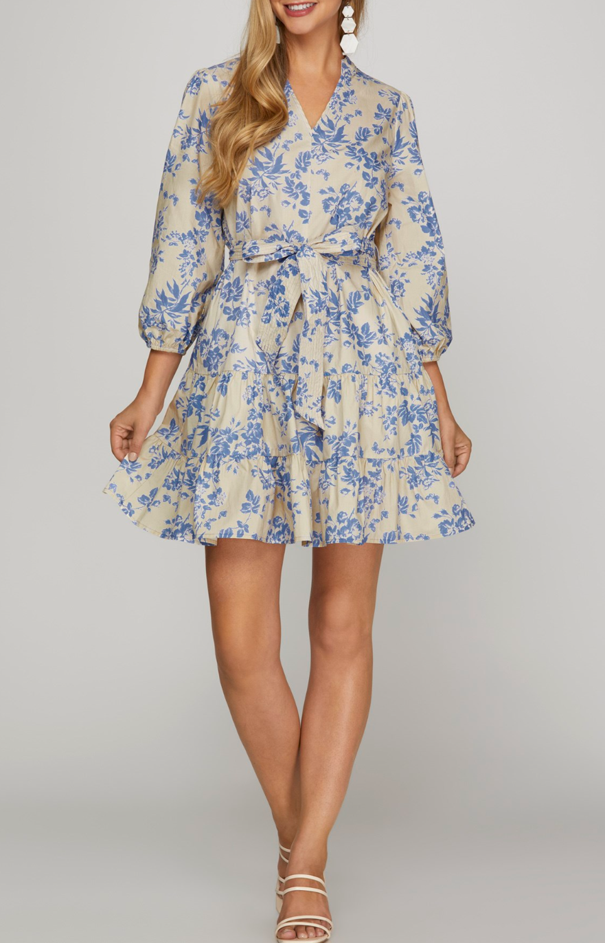 3/4 Sleeve Woven Floral Print V Neck Dress with Waist Tie and Pockets