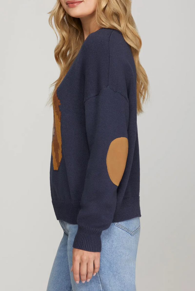 Long Sleeve Horse Pattern Sweater Top with Elbow Patch