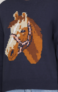 Long Sleeve Horse Pattern Sweater Top with Elbow Patch