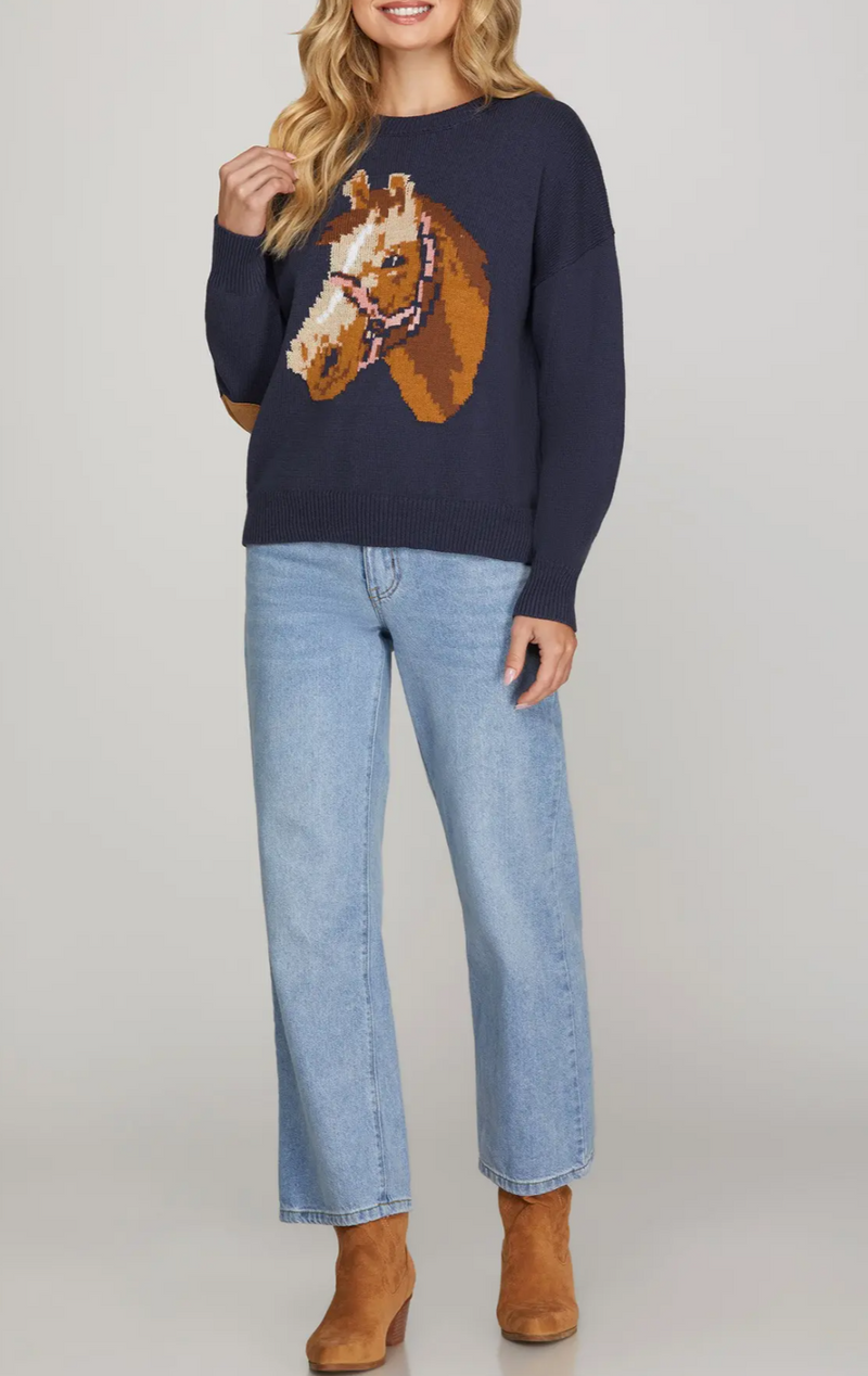 Long Sleeve Horse Pattern Sweater Top with Elbow Patch