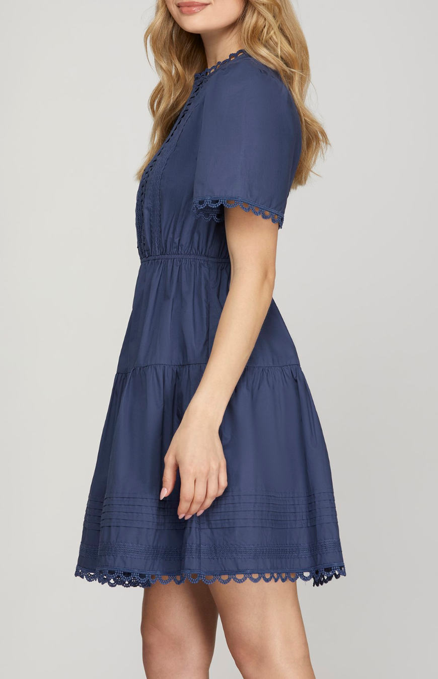 Short Sleeve Woven Tiered Mini Dress With Pintuck Lace Detail and Pockets