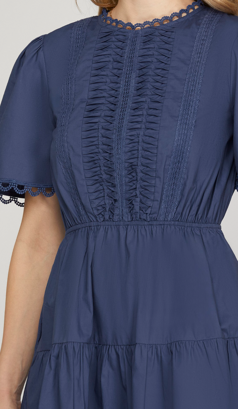 Short Sleeve Woven Tiered Mini Dress With Pintuck Lace Detail and Pockets