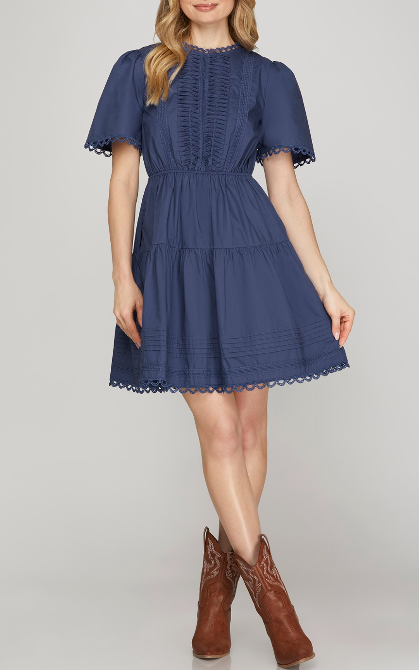 Short Sleeve Woven Tiered Mini Dress With Pintuck Lace Detail and Pockets