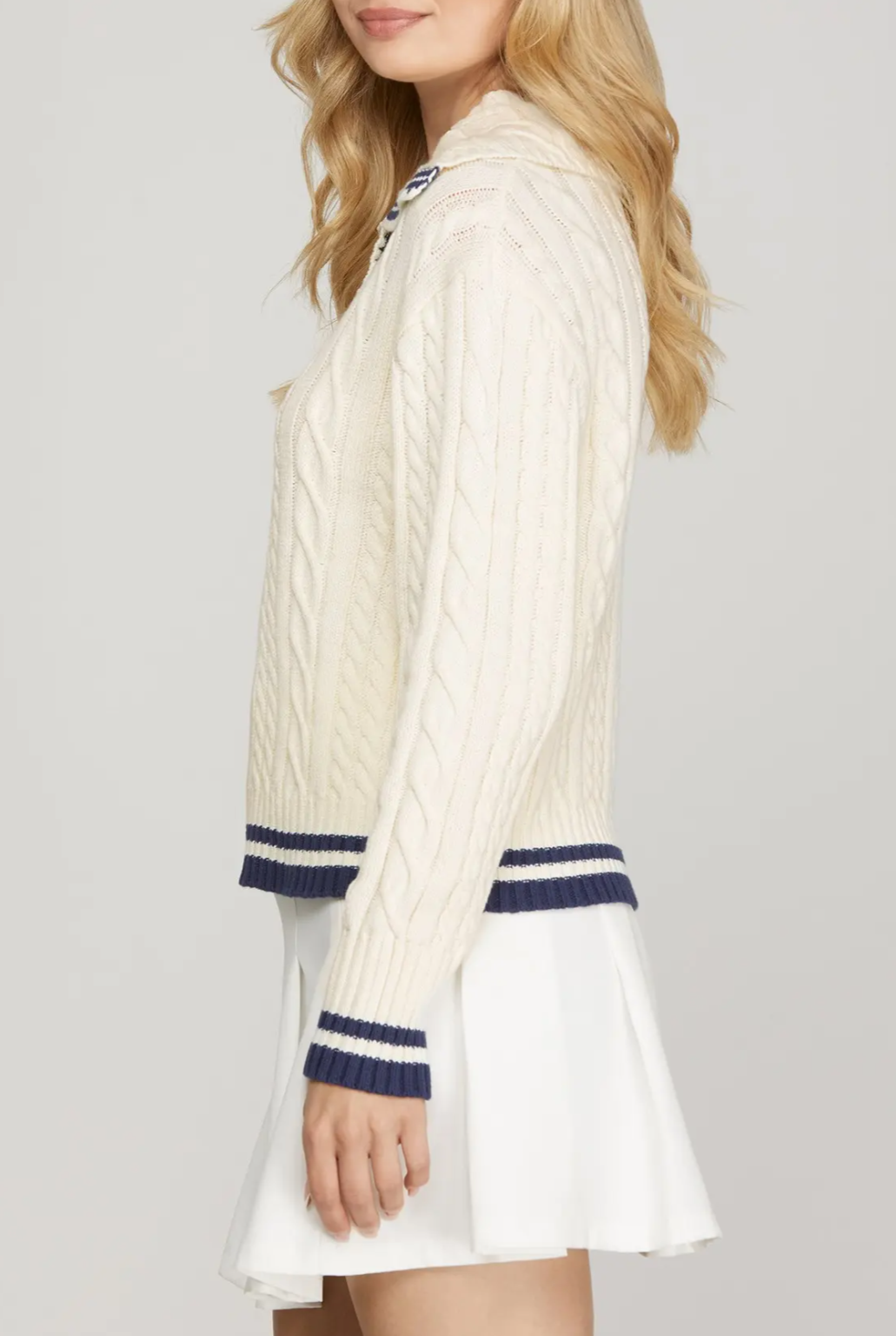Long sleeve Sailor Collar Cable Sweater with Contrast Rib