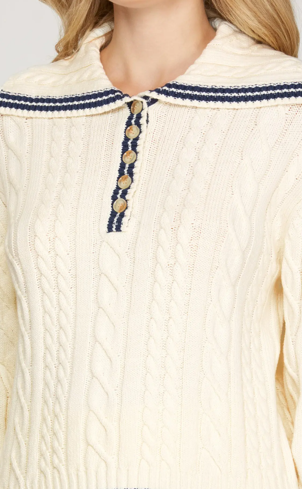 Long sleeve Sailor Collar Cable Sweater with Contrast Rib