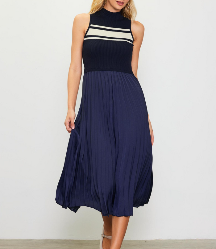 Sleeveless Striped Knit Bodice Dress with Pleated Skirt, One Piece