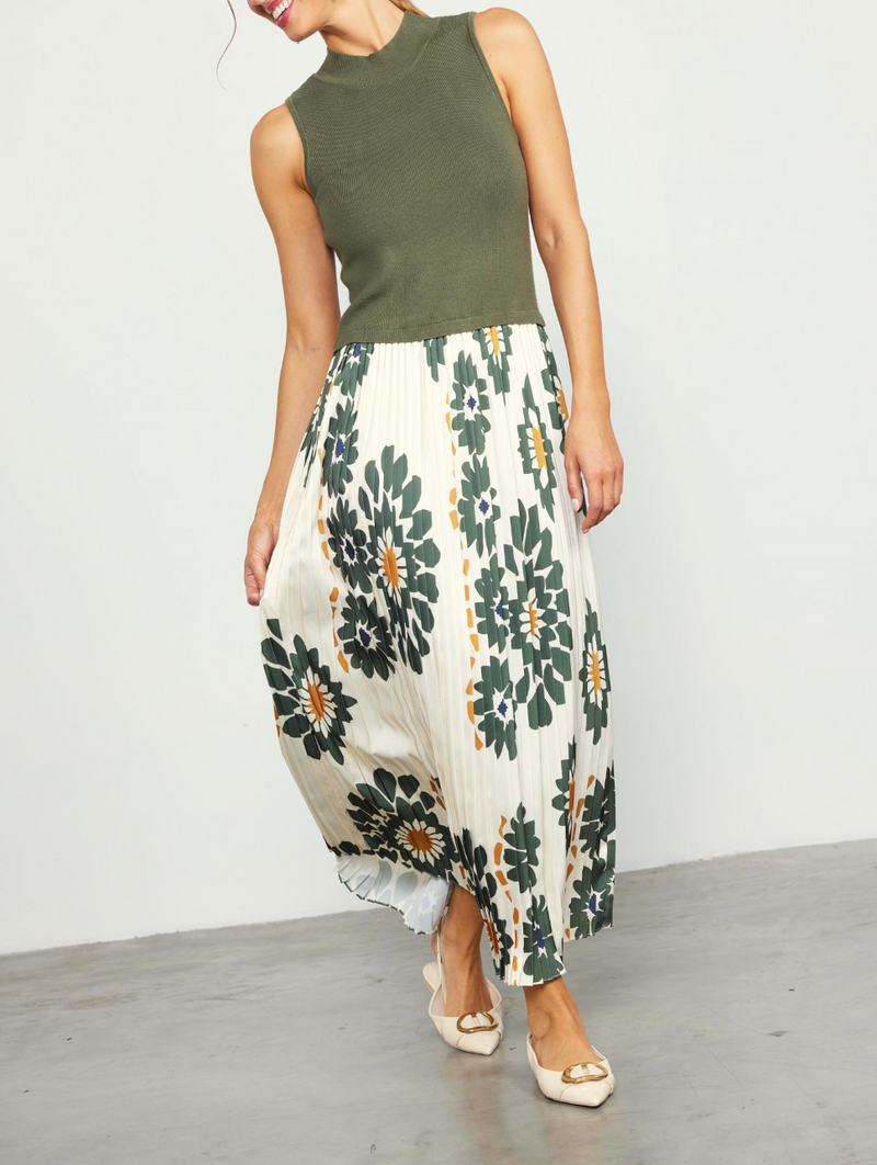 Printed Pleated Midi Dress