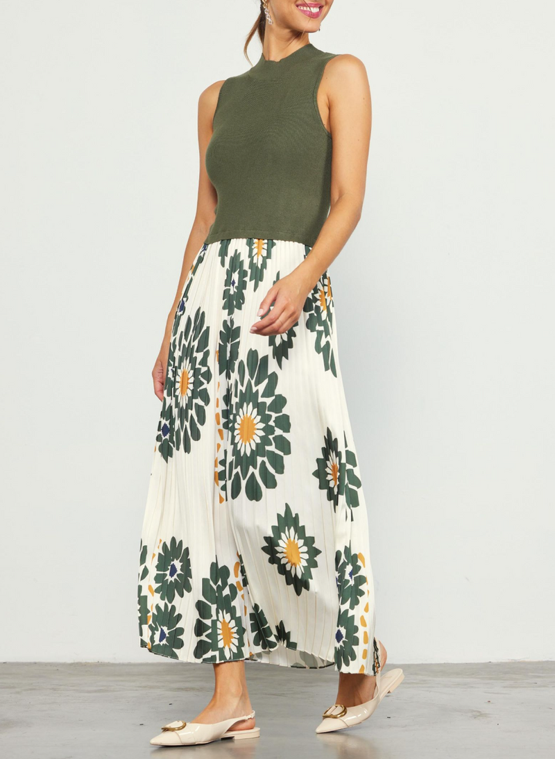 Printed Pleated Midi Dress