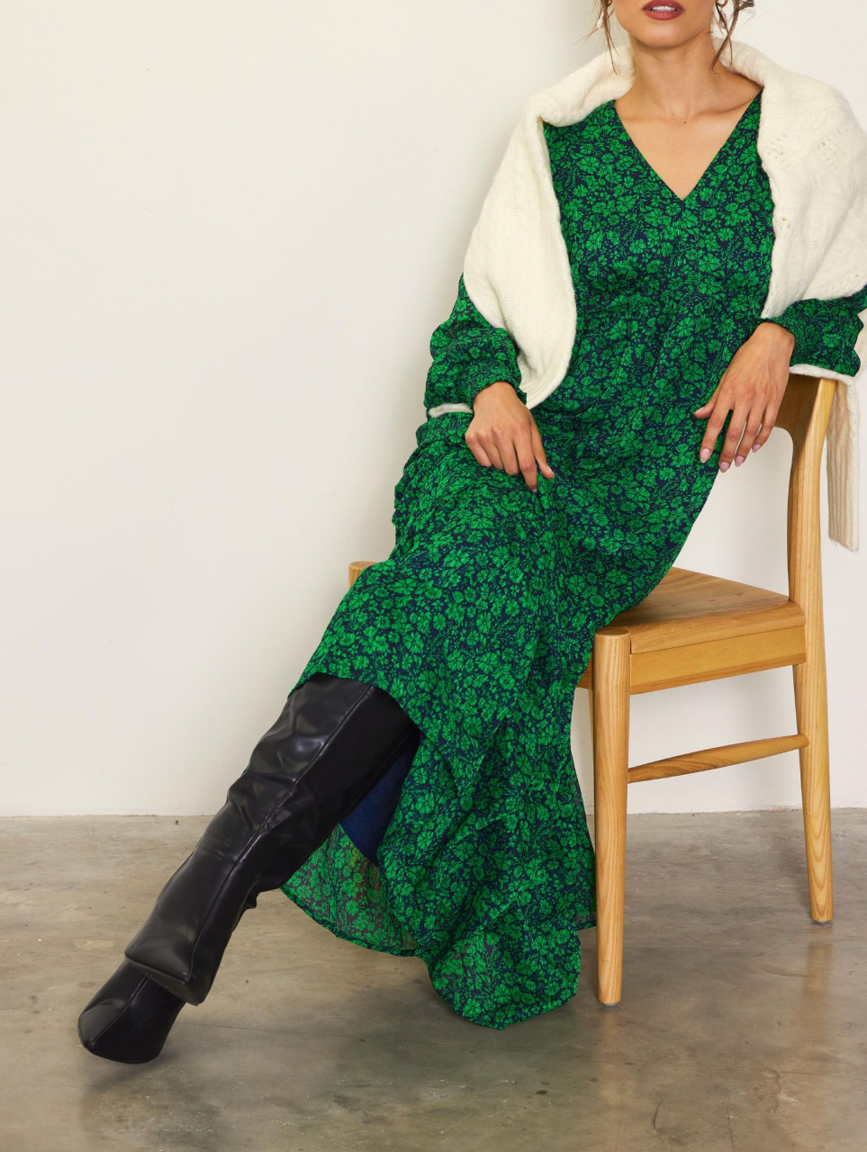 Floral Print Long Sleeve Maxi Dress Small / Spearmint-Navy