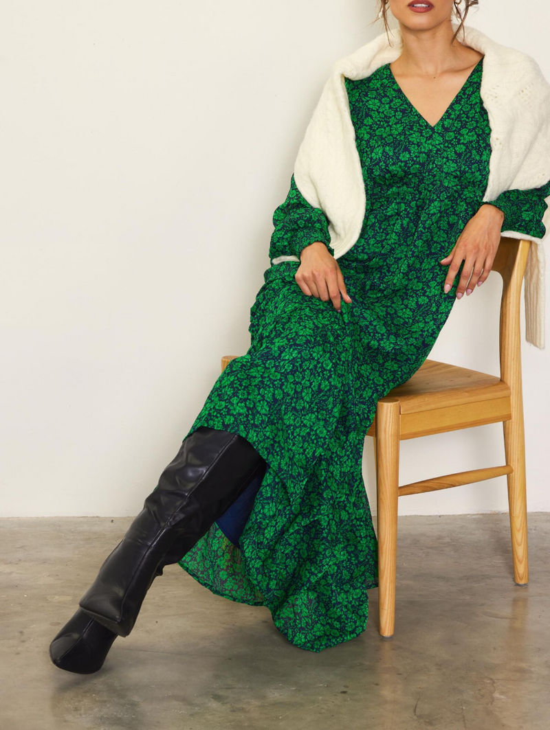 Floral Print Long Sleeve Maxi Dress Small / Spearmint-Navy Floral Print Long Sleeve Maxi Dress Small / Spearmint-Navy