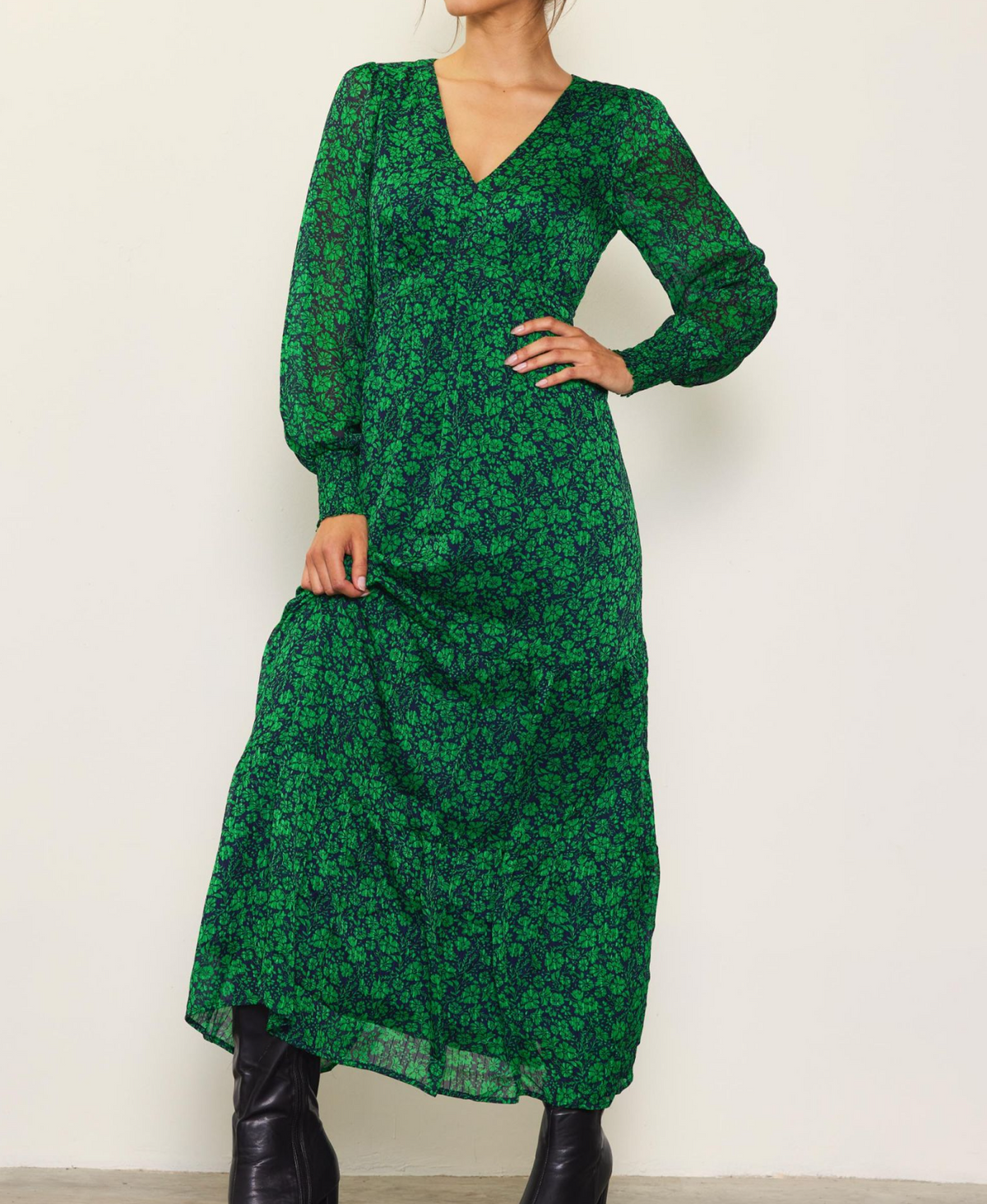 Floral Print Long Sleeve Maxi Dress Small / Spearmint-Navy Floral Print Long Sleeve Maxi Dress Small / Spearmint-Navy
