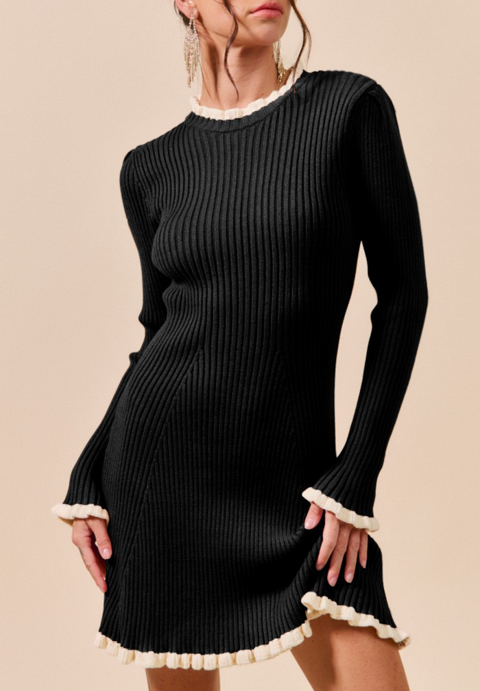 Contrast Edge Rib Flared Mini Sweater Dress