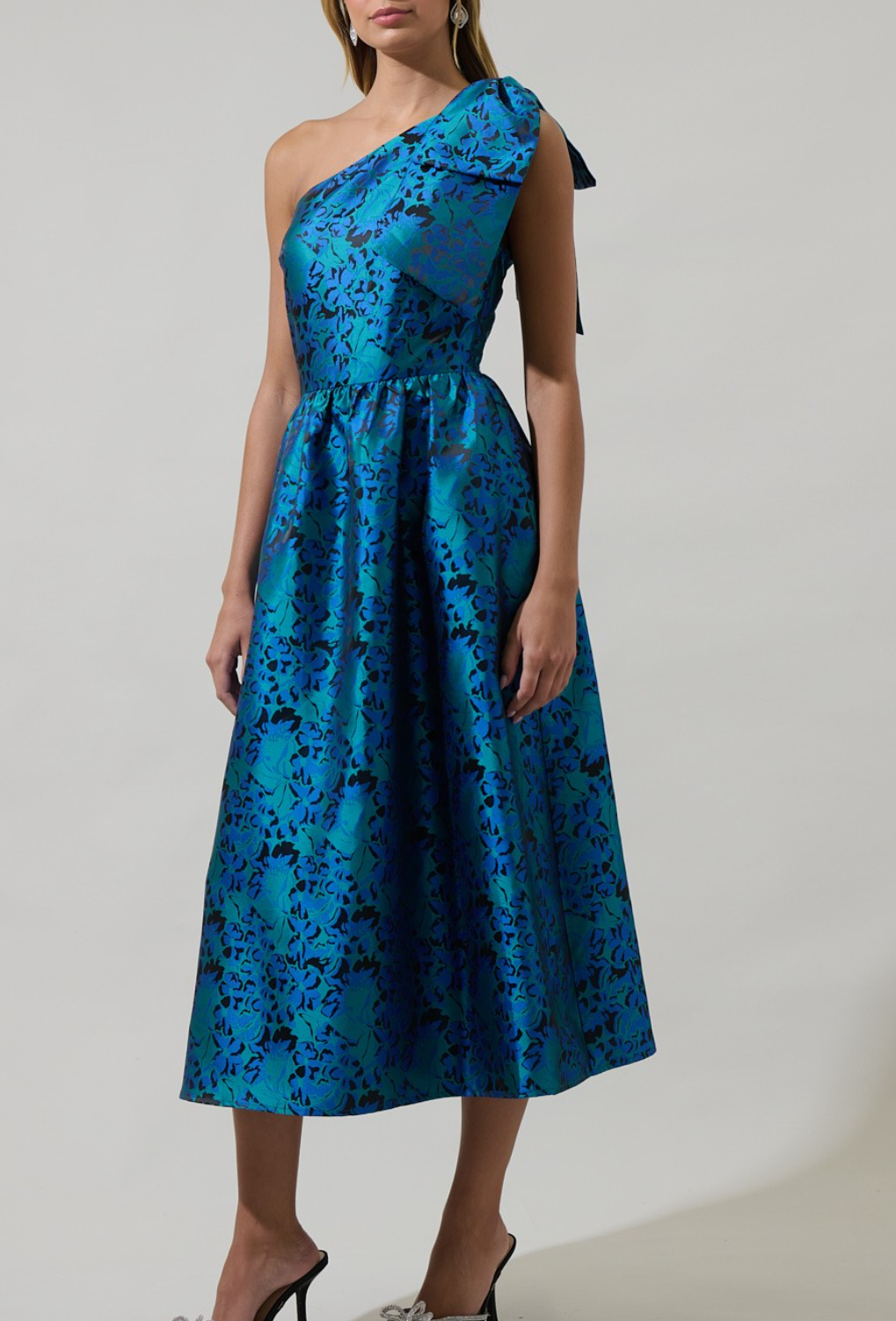 airly one shoulder midi dress blue jacquard Cobalt Blue Bow One-shoulder Full A-line Floral Metallic Jacquard Maxi Bridesmaid Dress In Cobalt Jacquard