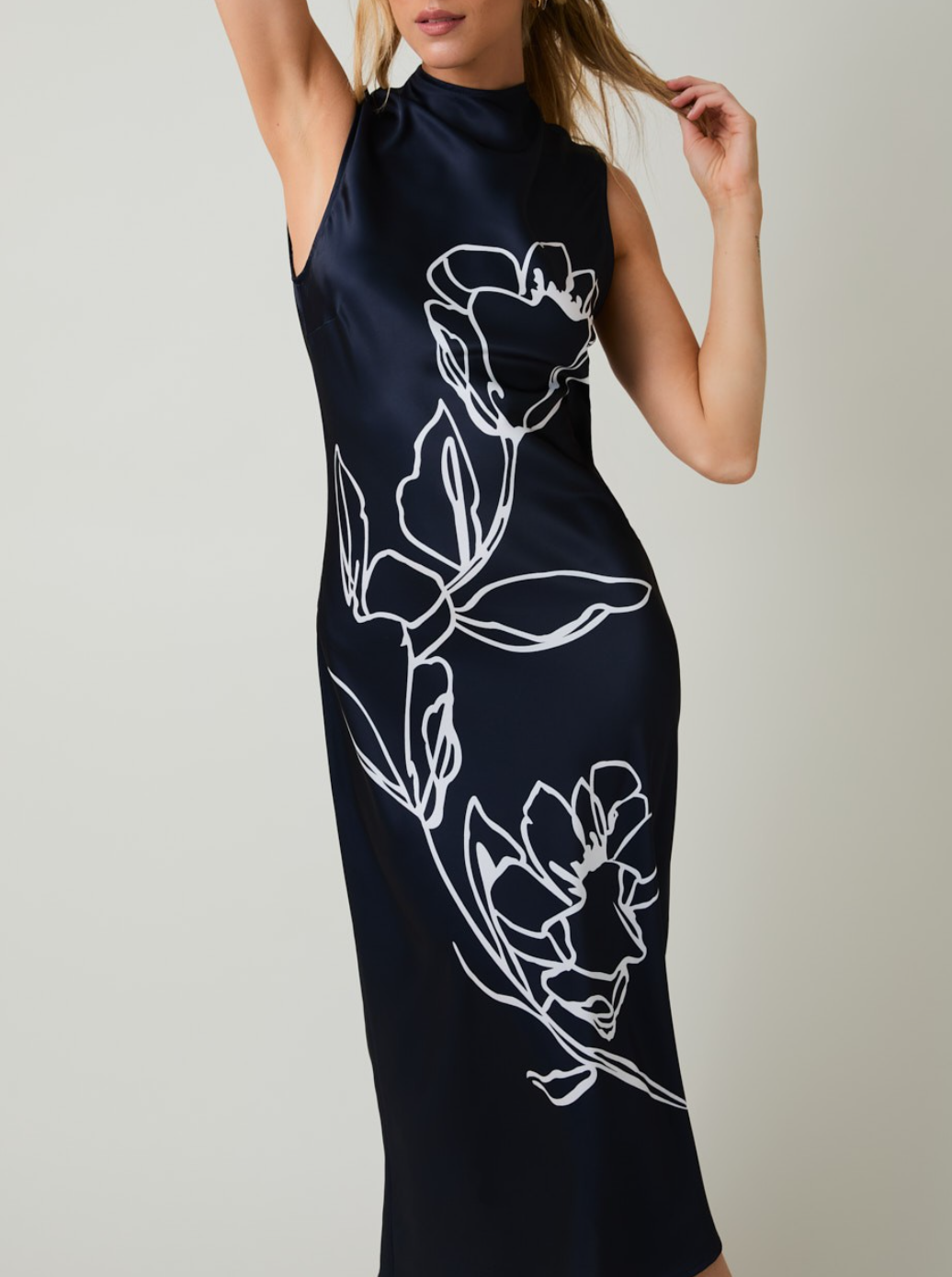 High-neck Sleeveless Floral Print Midi Dress