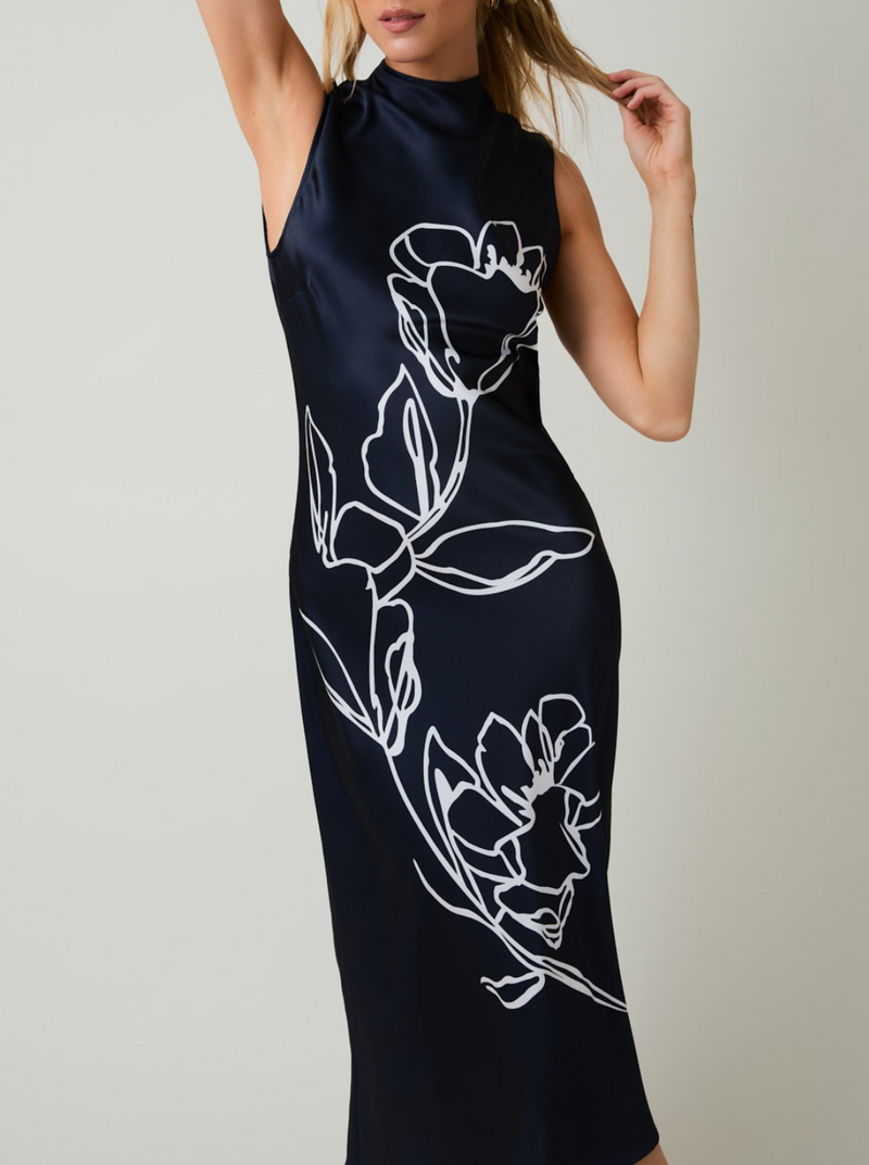 High-neck Sleeveless Floral Print Midi Dress
