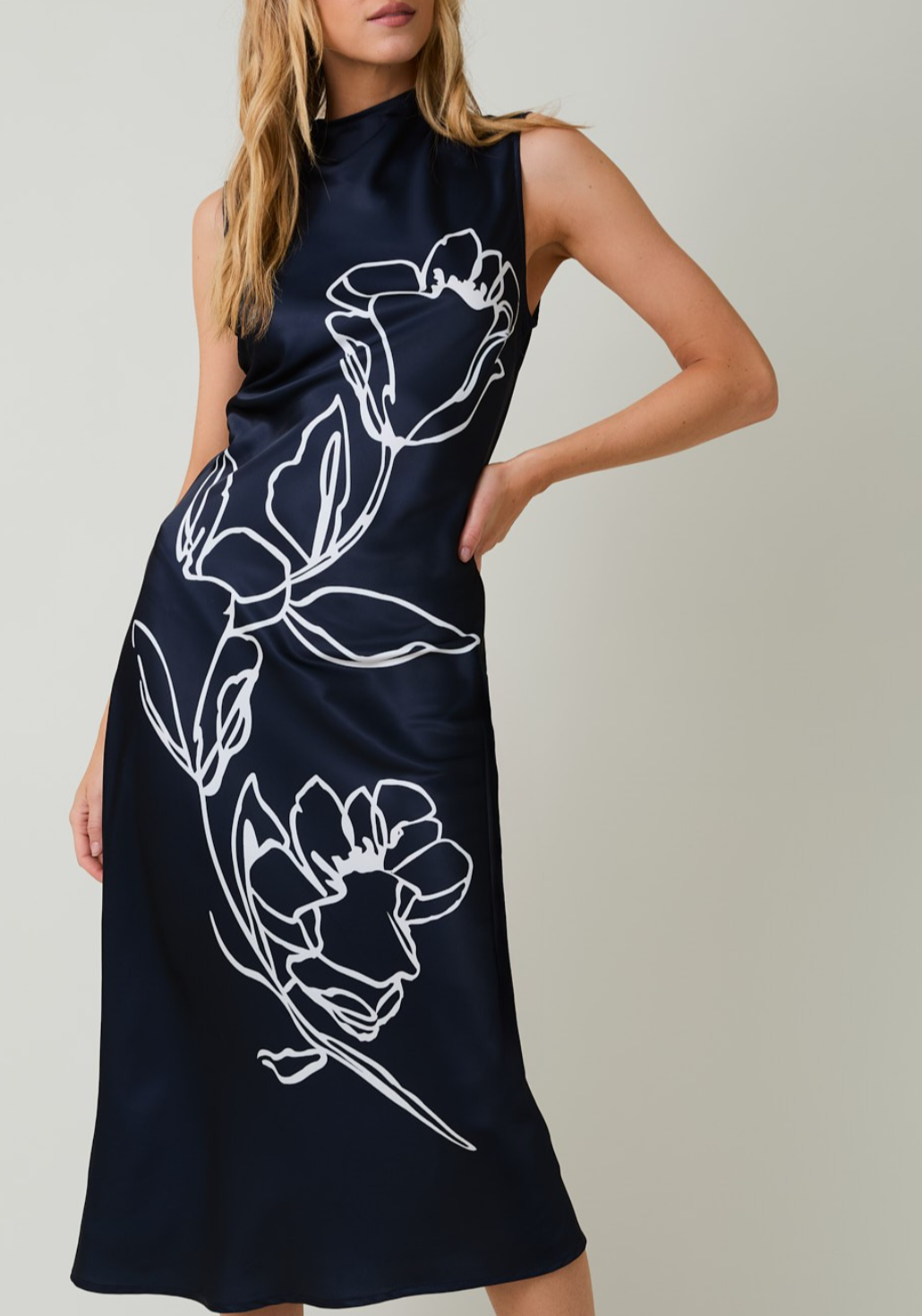 High-neck Sleeveless Floral Print Midi Dress