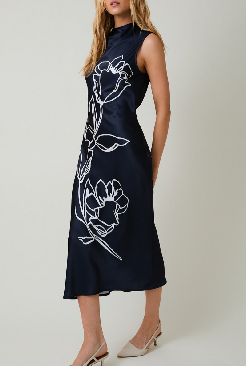 High-neck Sleeveless Floral Print Midi Dress
