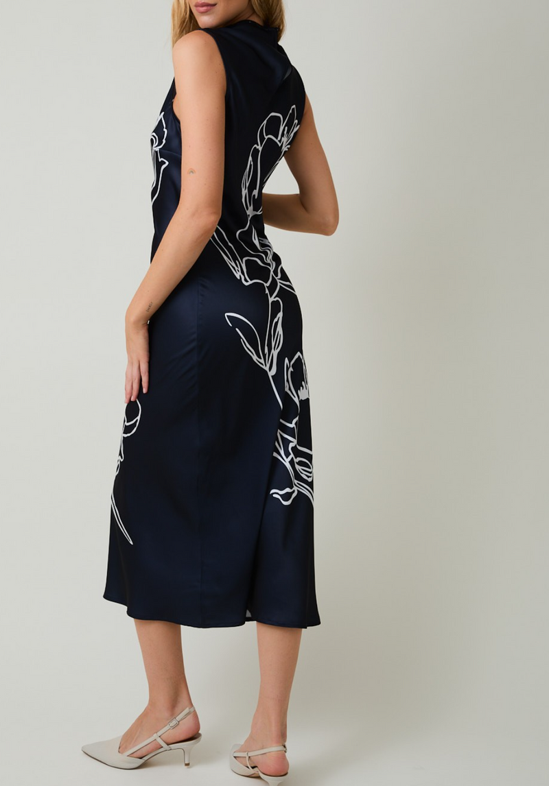 High-neck Sleeveless Floral Print Midi Dress