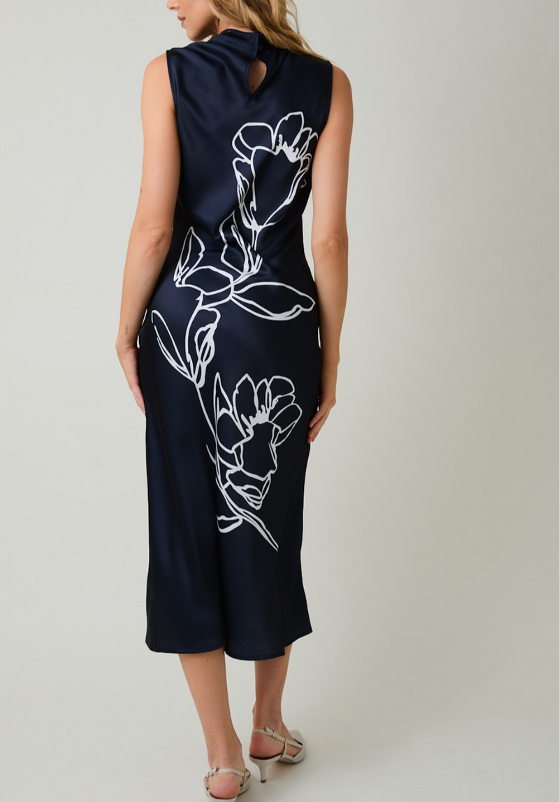 High-neck Sleeveless Floral Print Midi Dress