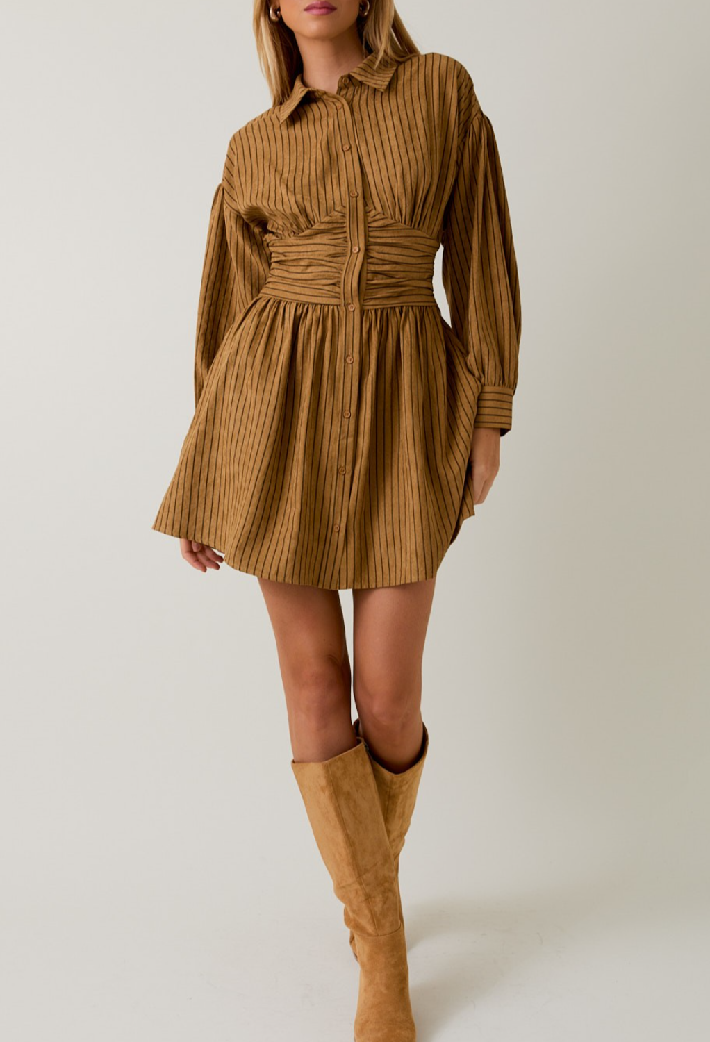 Waist Long Sleeve Fit and Flare Mini Dress Small / Camel Waist Long Sleeve Fit and Flare Mini Dress Small / Camel