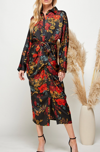 Multi Floral Print Button-Down Batwing Sleeve Dress