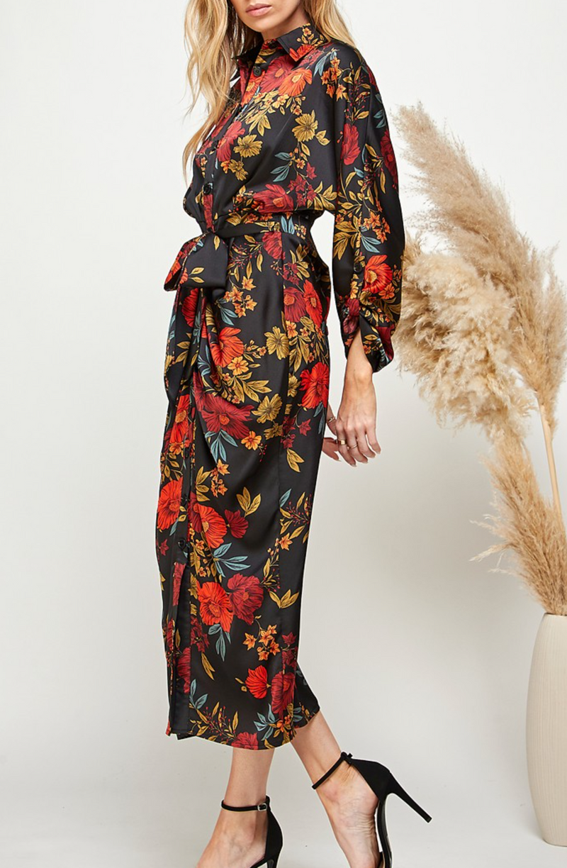 Multi Floral Print Button-Down Batwing Sleeve Dress