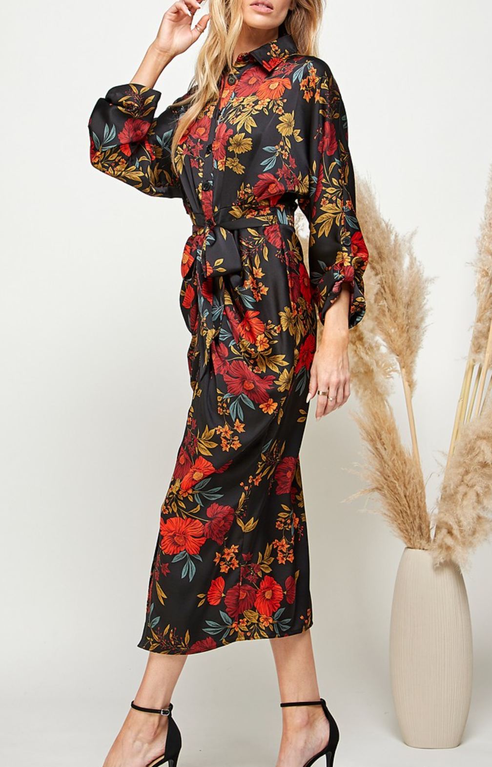 Multi Floral Print Button-Down Batwing Sleeve Dress