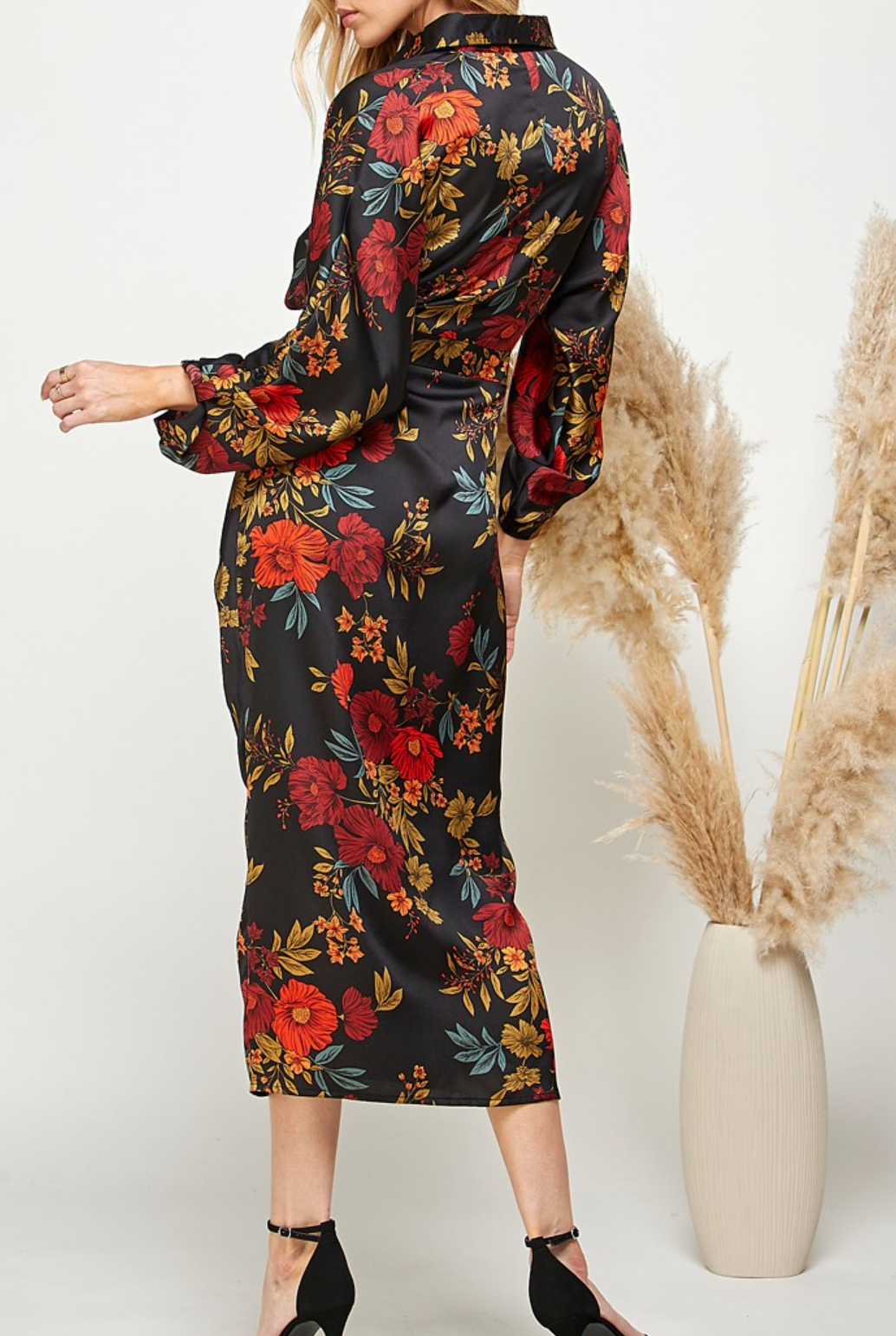 Multi Floral Print Button-Down Batwing Sleeve Dress