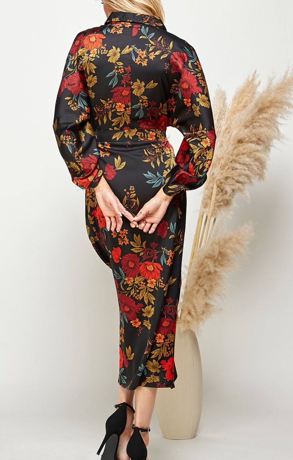 Multi Floral Print Button-Down Batwing Sleeve Dress
