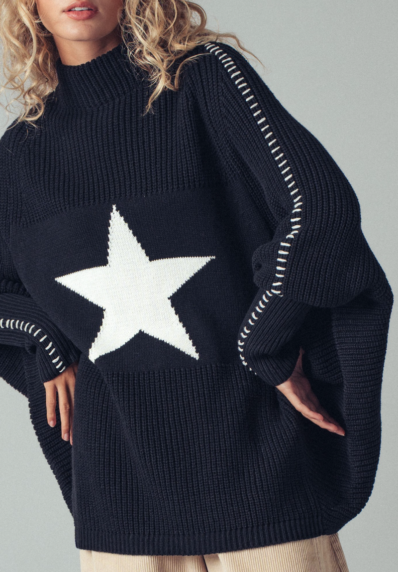 Oversized Star Sweater Tunic With Side Stitch