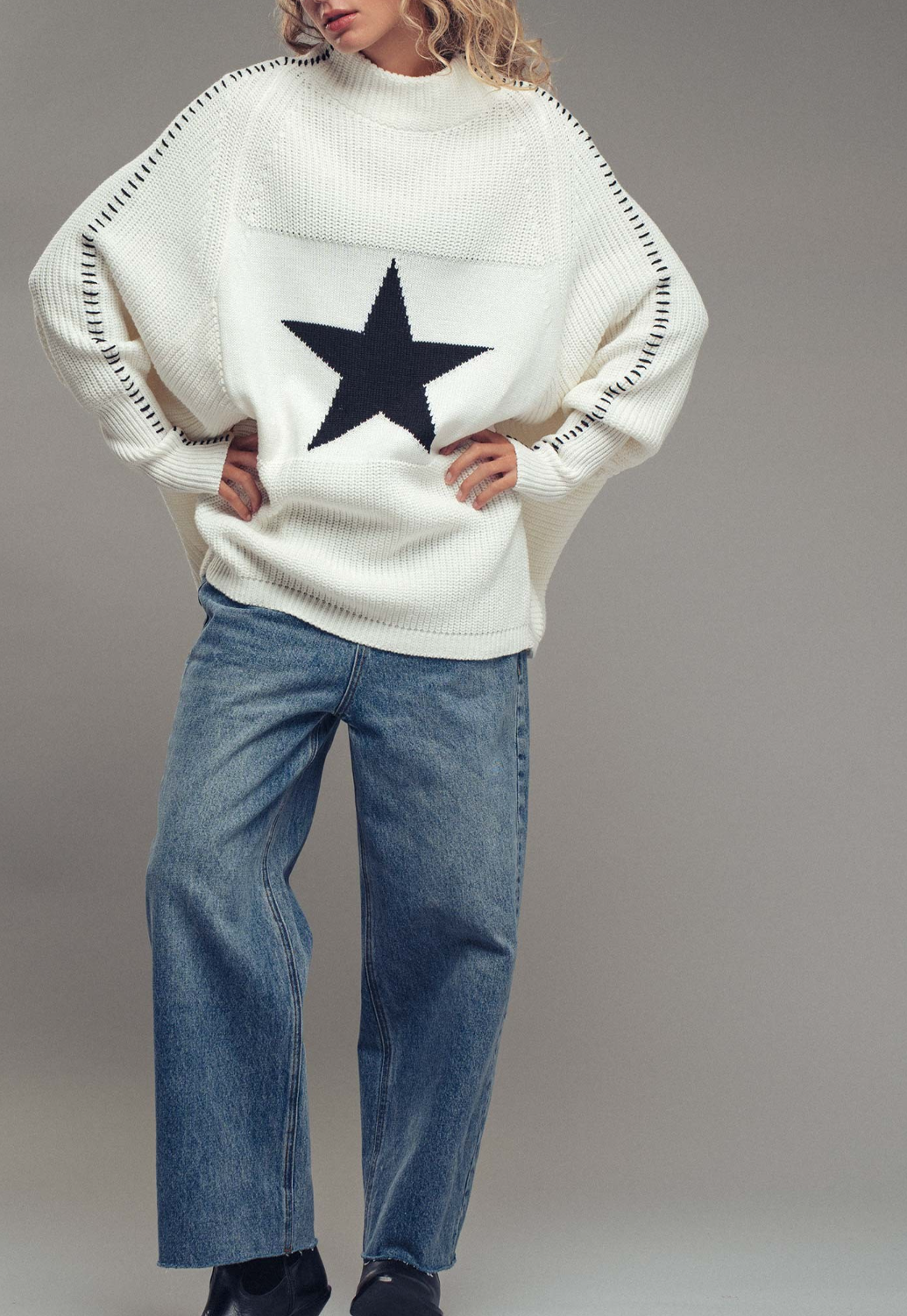 Oversized Star Sweater Tunic With Side Stitch